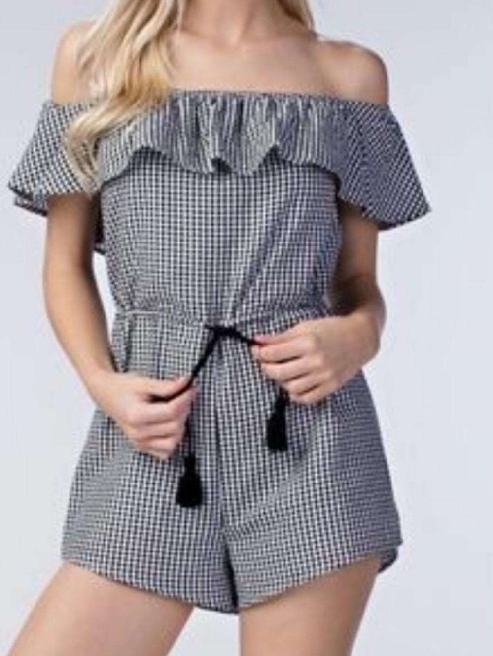 Honey Punch Black and White Gingham Off-Shoulder Romper